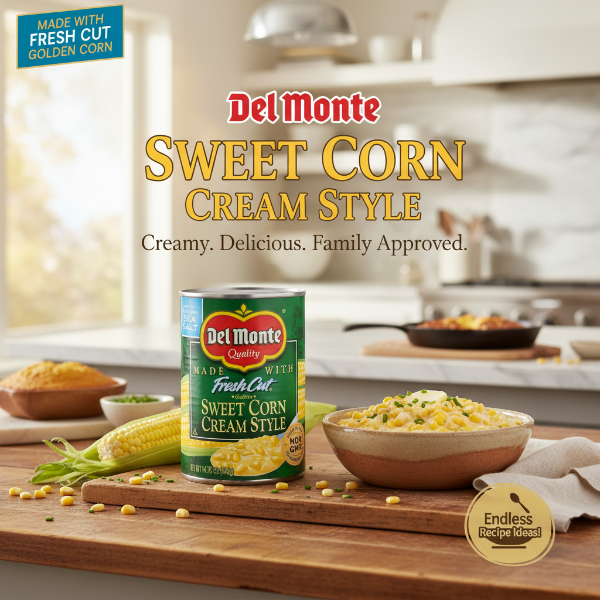 Can of Del Monte Sweet Corn Cream Style on a white background