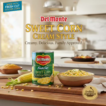 Can of Del Monte Sweet Corn Cream Style on a white background