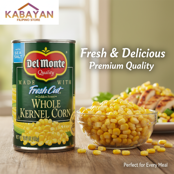 Can of Del Monte whole kernel corn on a white background
