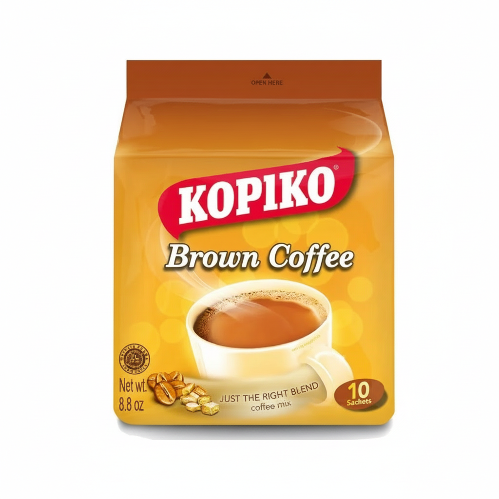Kopiko Brown Coffee package with a cup of coffee on a white background