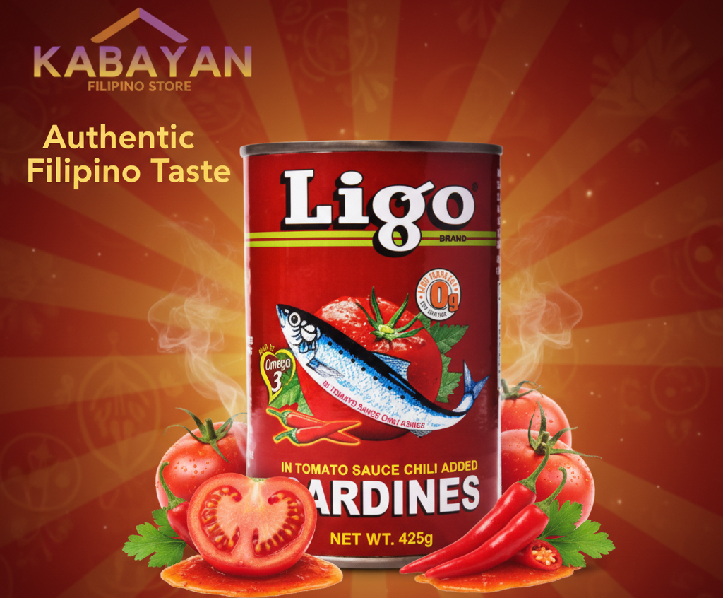 Can of Ligo sardines in tomato sauce on a white background