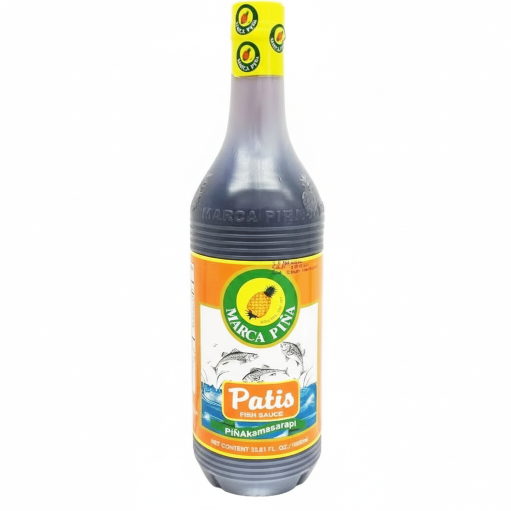 Bottle of Patis sauce with a colorful label on a white background