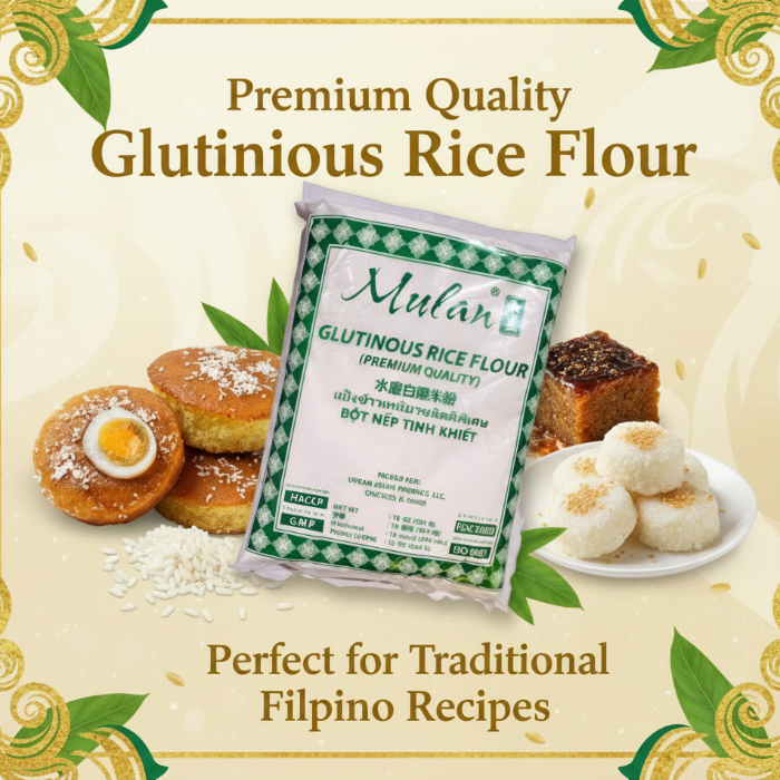 Mulan Glutinous Rice Flour packaging with green and white design on a white background