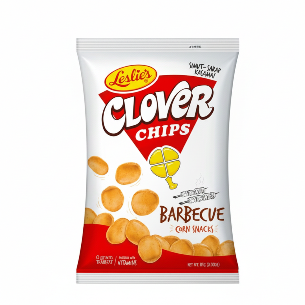 Package of Leslie's Clover Chips Barbecue corn snacks on a white background