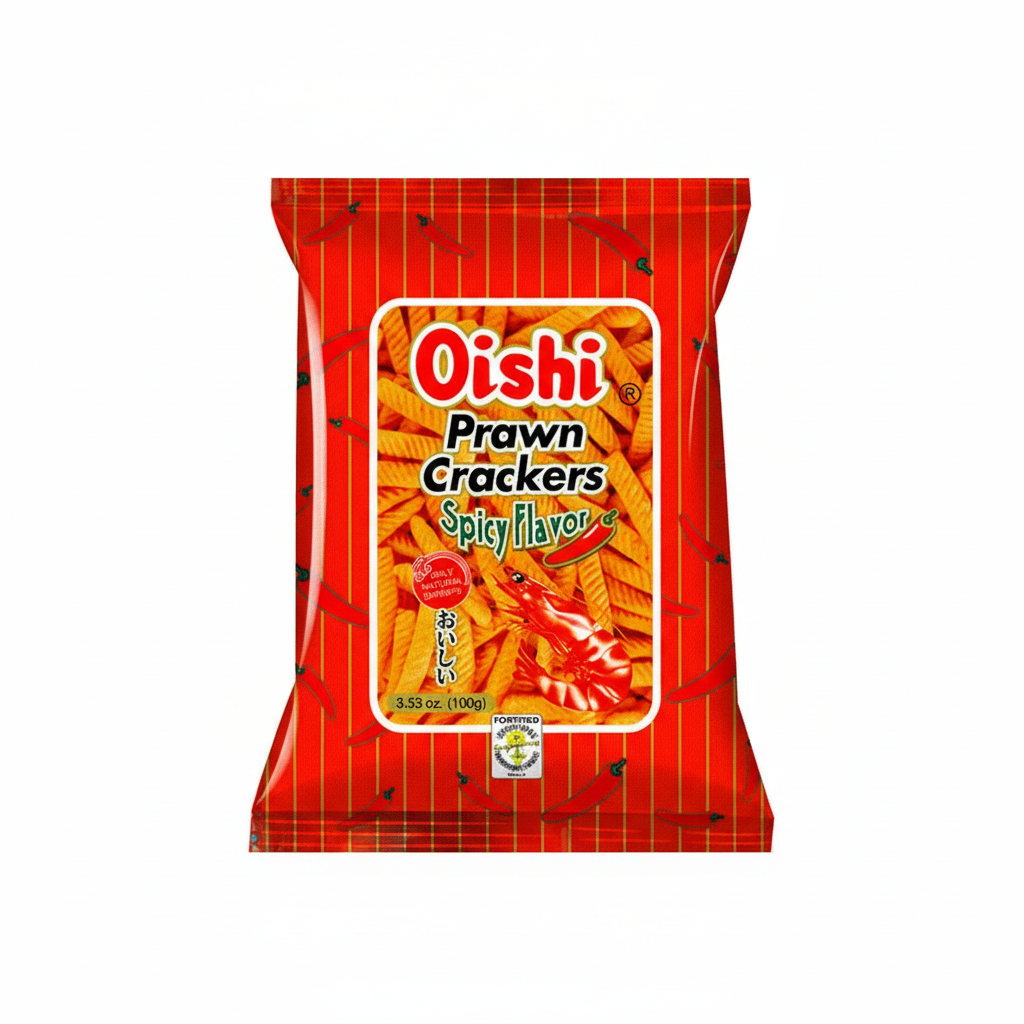 Packaging of Oishi Prawn Crackers Spicy Flavor on a white background