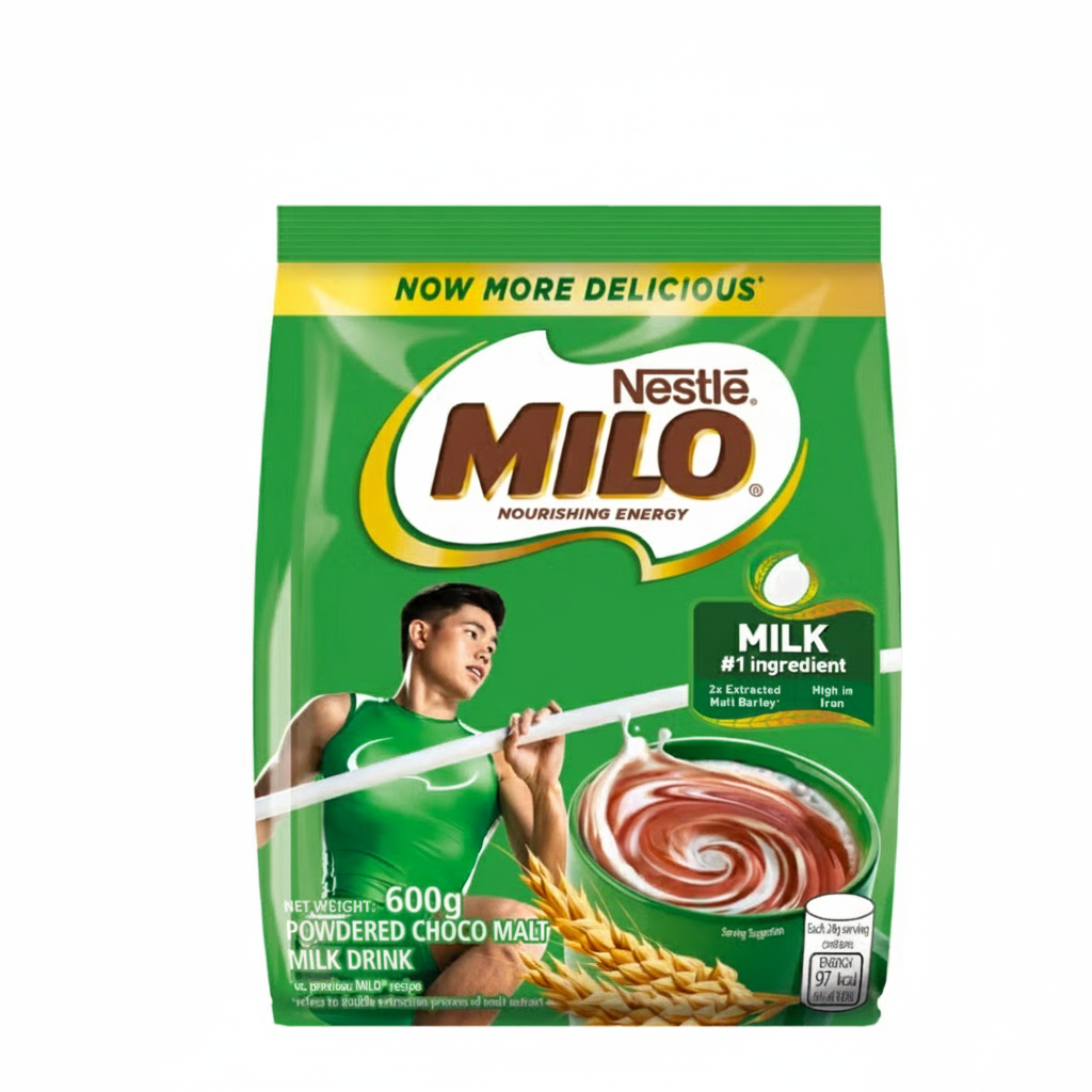 Green Nestle Milo packaging with a person holding a scoop and a cup of Milo.