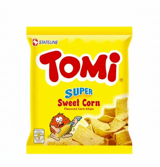 Yellow package of Tomi Super Sweet Corn Flavored Corn Chips with red and blue text on a white background.