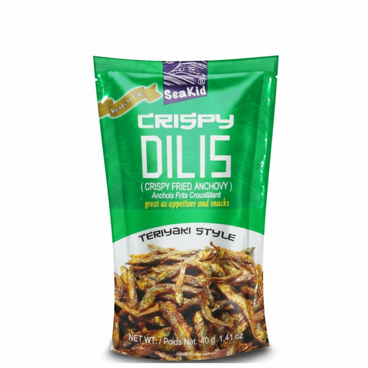Green package of SeaKid Crispy Dilis Teriyaki Style on a white background