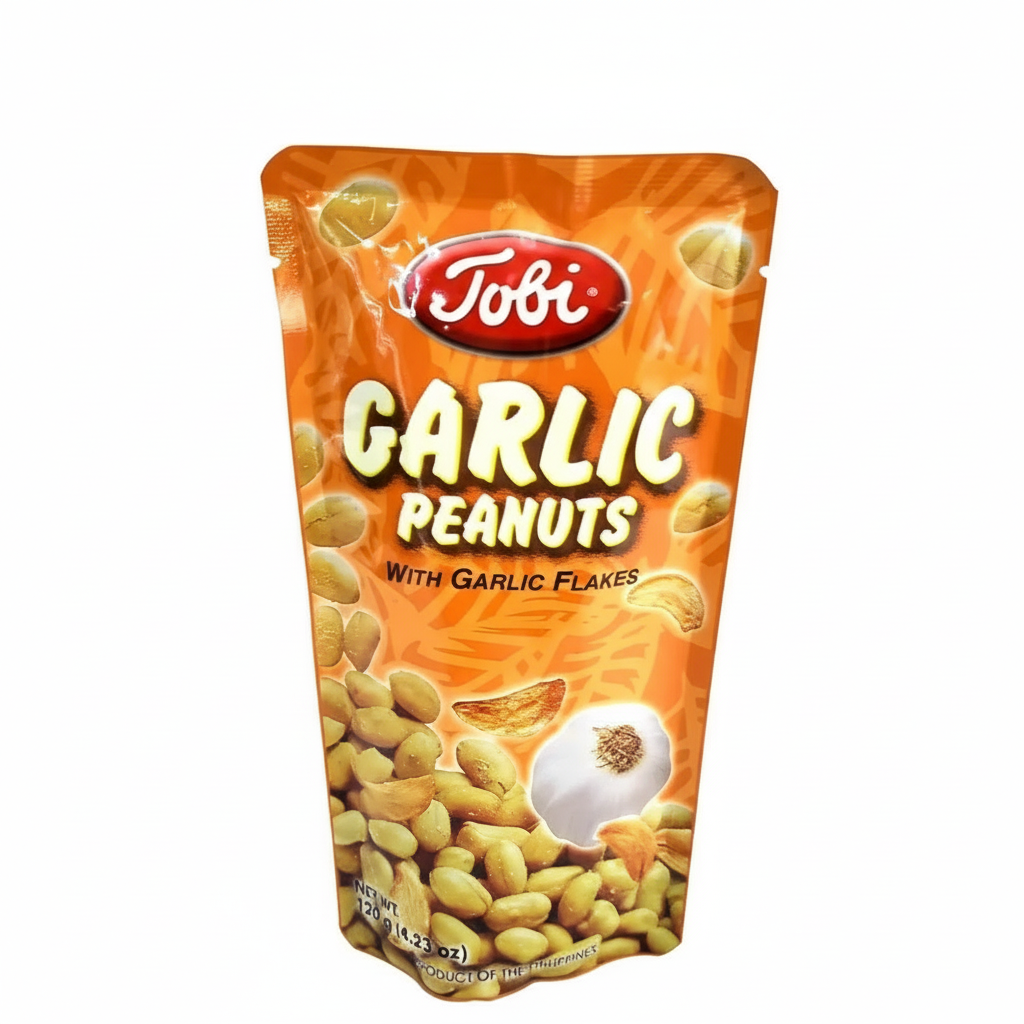 Packaged garlic peanuts with Tobi branding on a white background