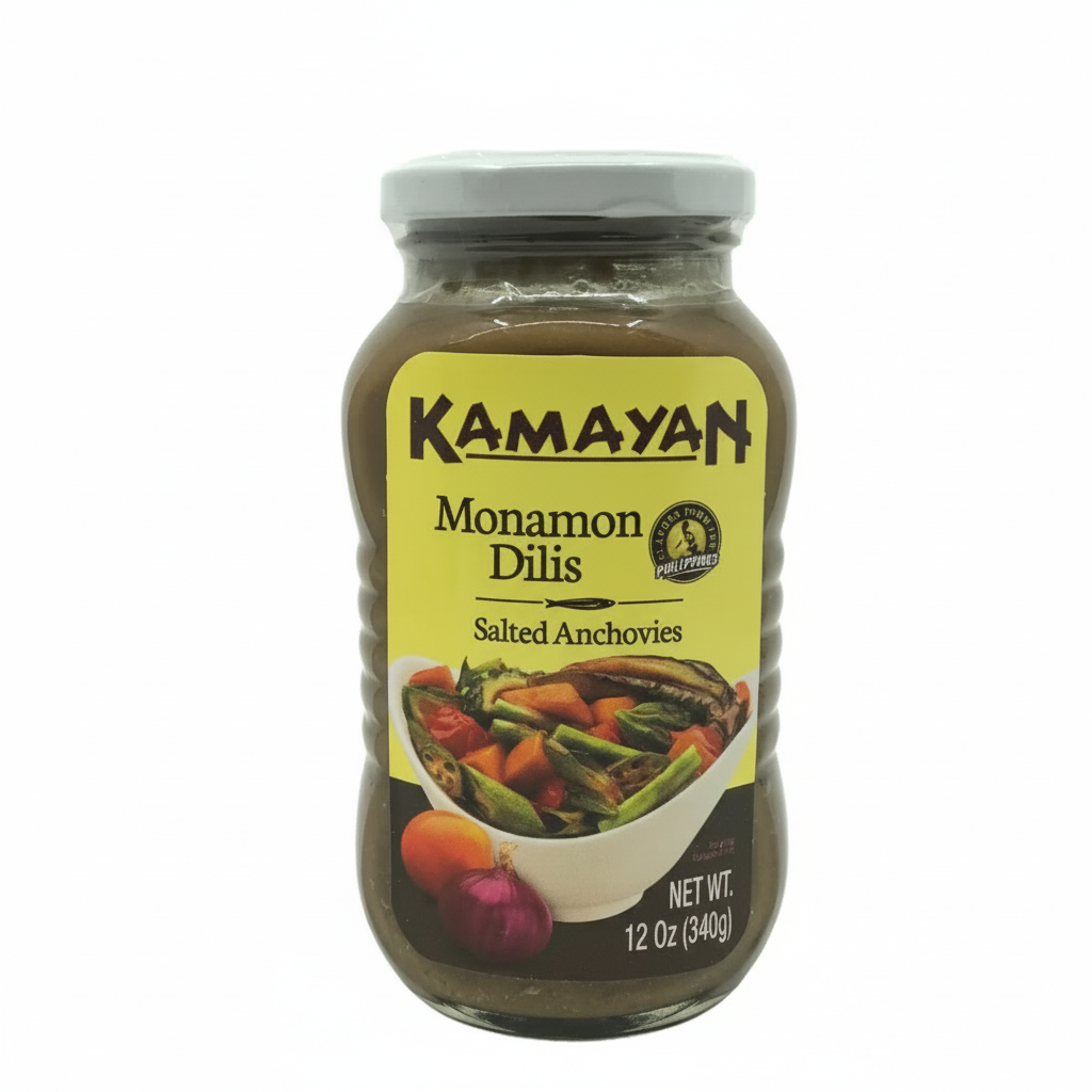Jar of Kamayan Monamon Dilis salted anchovies on a white background