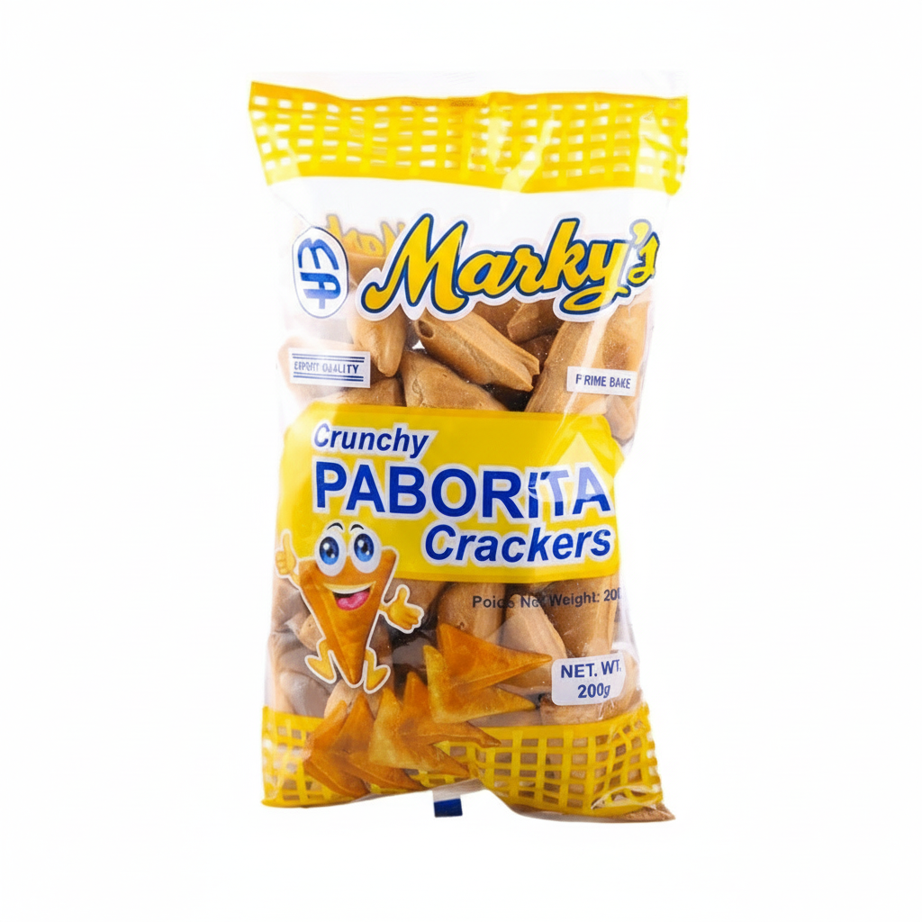 Bag of Marky Crunchy Paborita Crackers with yellow packaging on a white background