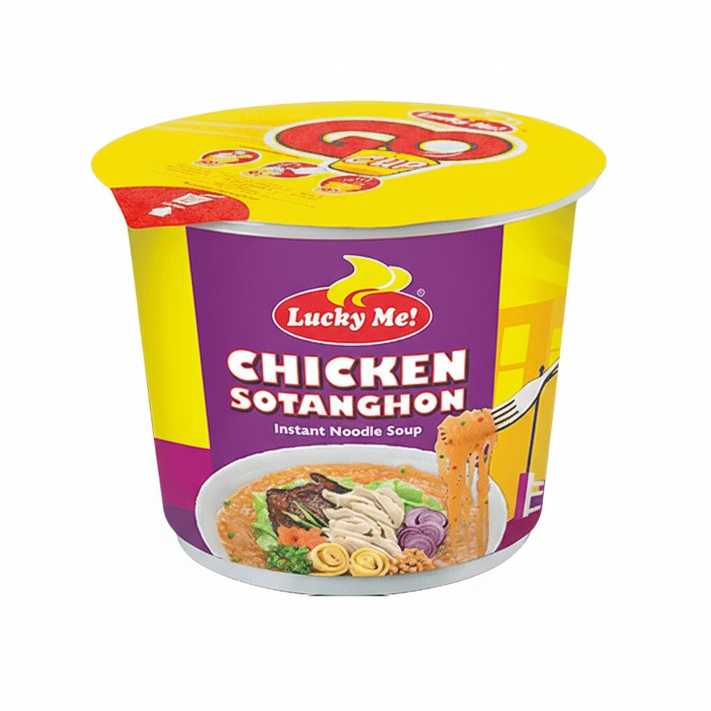 Lucky Me! Chicken Sotanghon instant noodle soup cup packaging on a white background