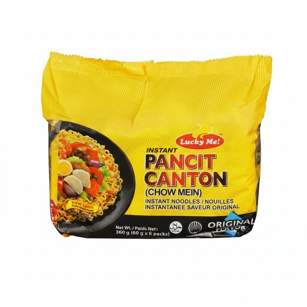 Pack of Lucky Me! Instant Pancit Canton noodles on a white background