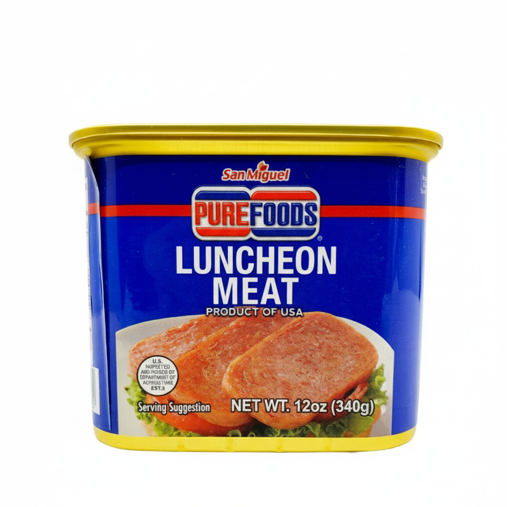 Container of San Miguel Pure Foods Luncheon Meat on a white background