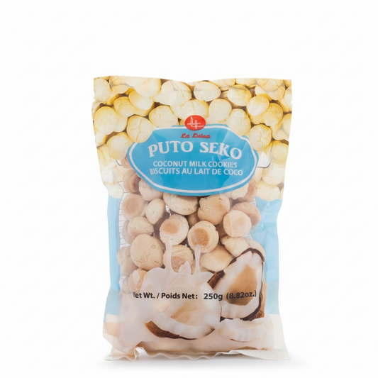 Packaged coconut milk cookies with brand label on a white background