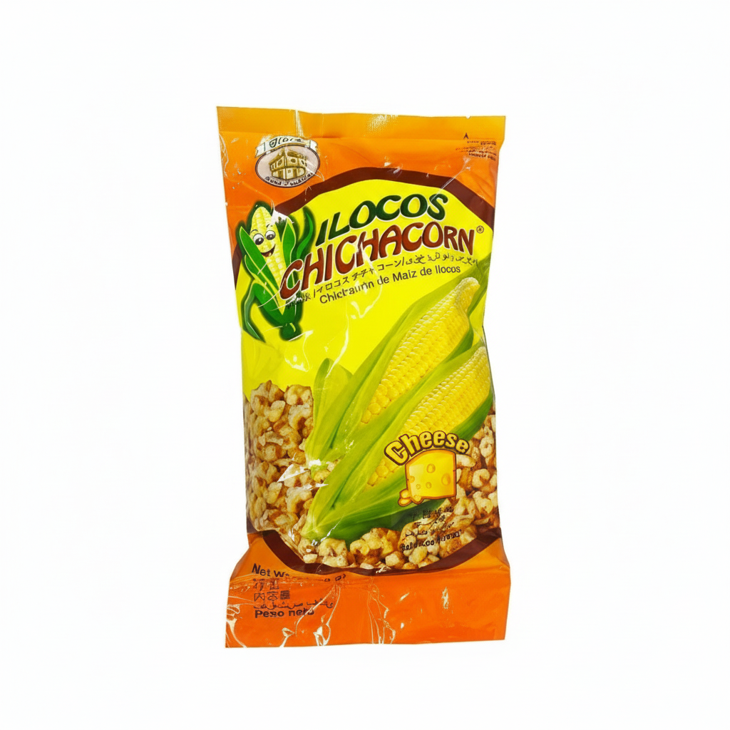 Packaged snack with corn design and 'Locos Chichacorn' branding on a white background.