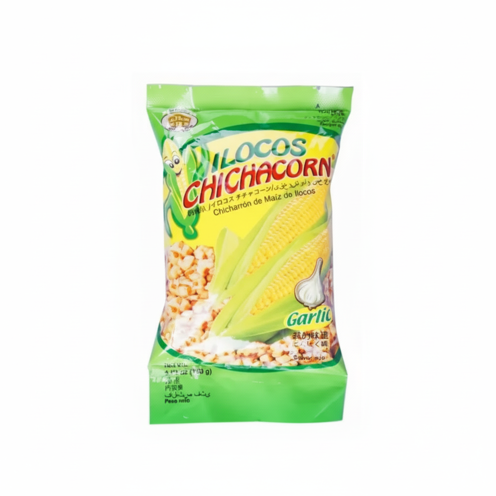 Packaged snack with garlic flavor on a white background