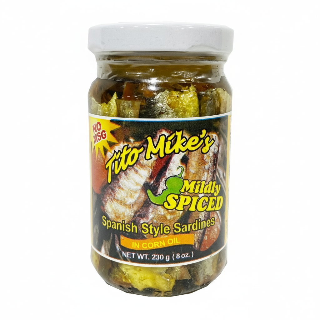 Jar of Tito Mike's Mildly Spiced Spanish Style Sardines on a white background