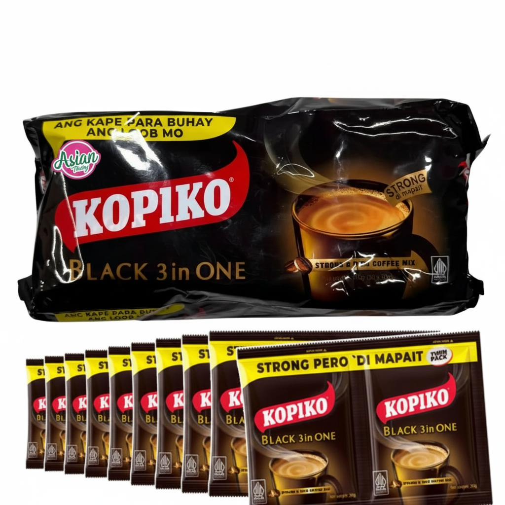 Kopiko Black 3 in One coffee packages with a promotional banner at the top.