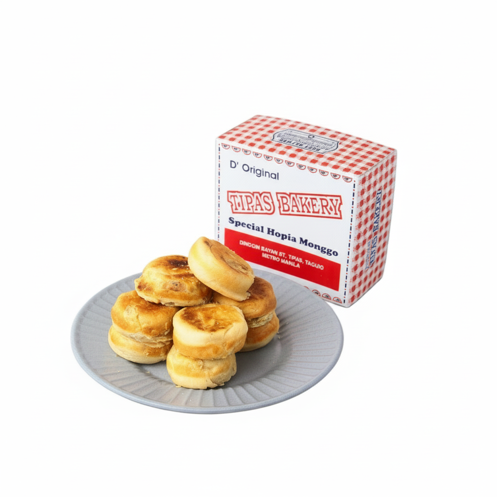 Hopia buns on a plate with a box of D'Original Titas Bakery hopia buns on a white background.