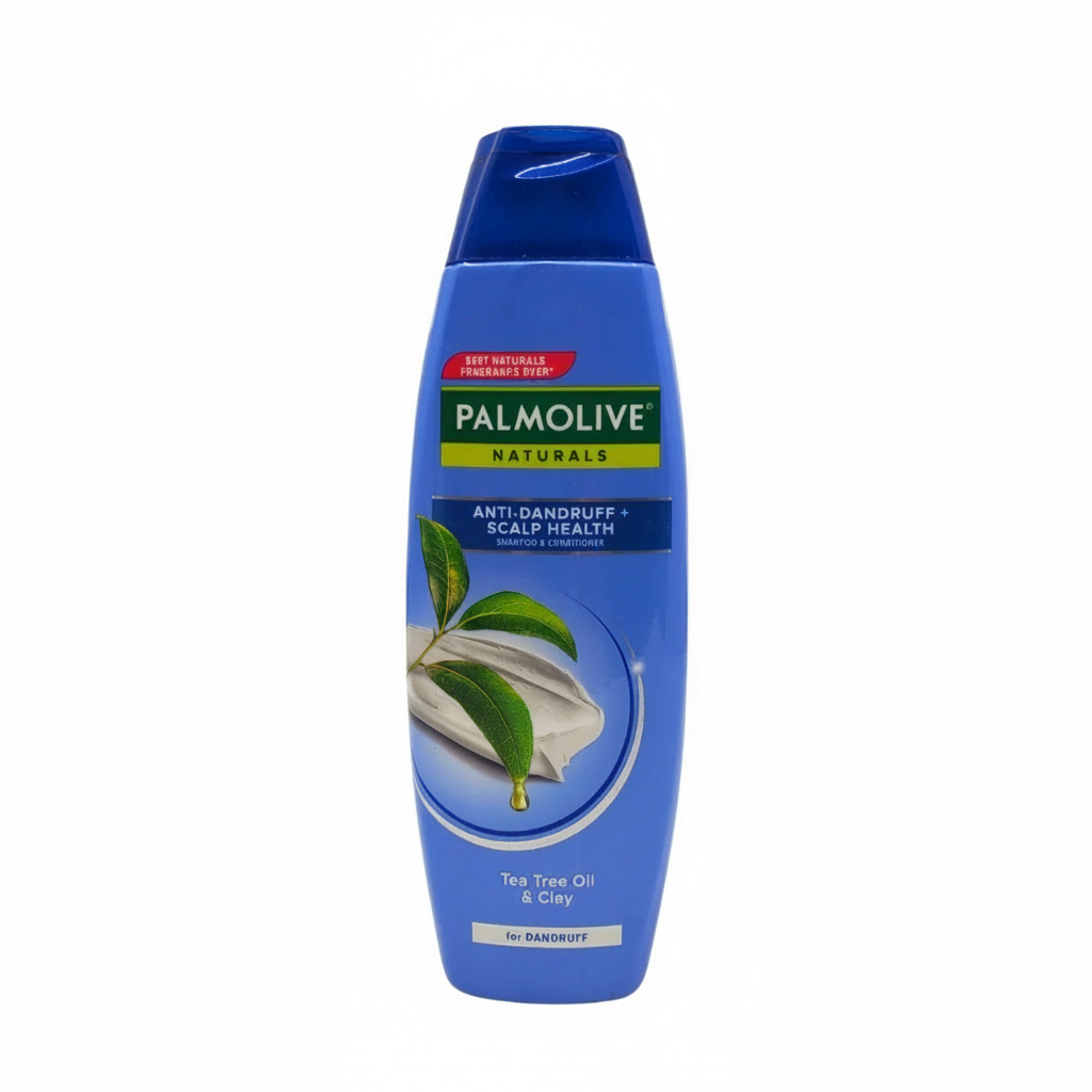 Palmolive Naturals shampoo bottle with tea tree oil and clay on a white background