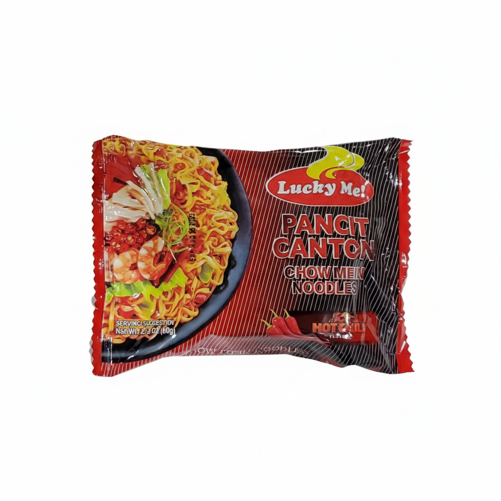 Packaged noodles with Lucky Me! branding on a white background