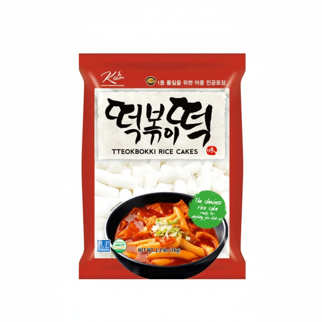 Packaged teokbokki rice cakes with a bowl of rice cake on a white background, featuring the brand 'Korean'.