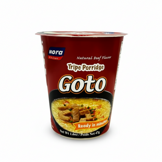 Cup of Nora Goto Tripe Porridge with visible branding on a white background