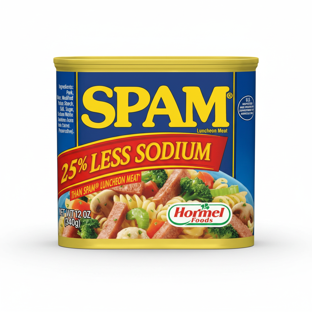SPAM 25% Less Sodium can with colorful label on a white background
