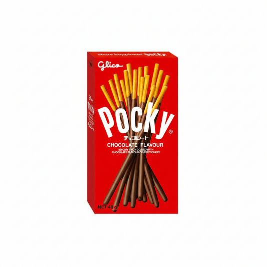 Pocky chocolate flavor packaging with red background