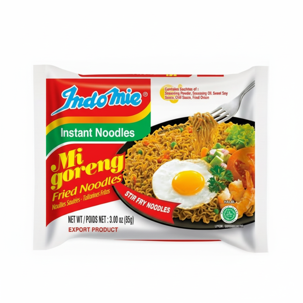 Indomie Mi Goreng Fried Noodles packaging with a colorful label on a white background
