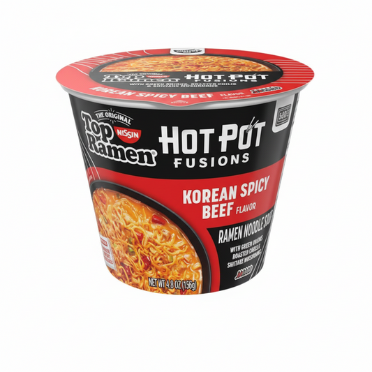 Top Ramen Hot Pot Fusions Korean Spicy Beef flavor packaging on a white background