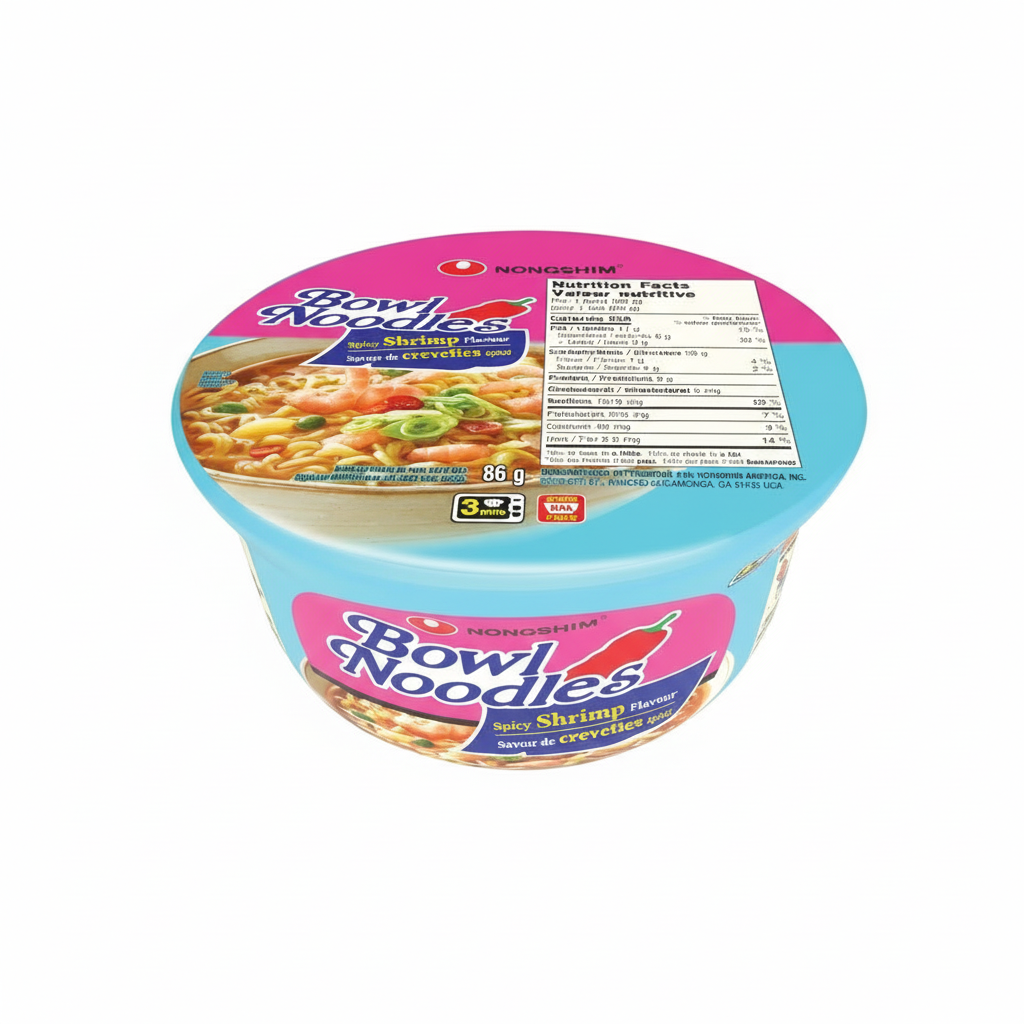 Cup of Bowl Noodles with spicy shrimp flavor on a white background