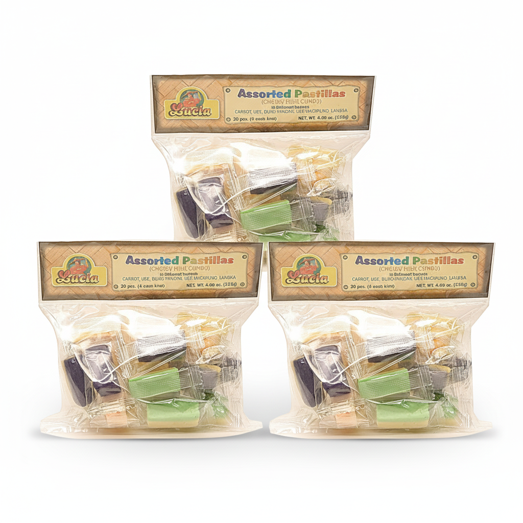 Assorted pastilles in clear packaging with a brand label on a white background