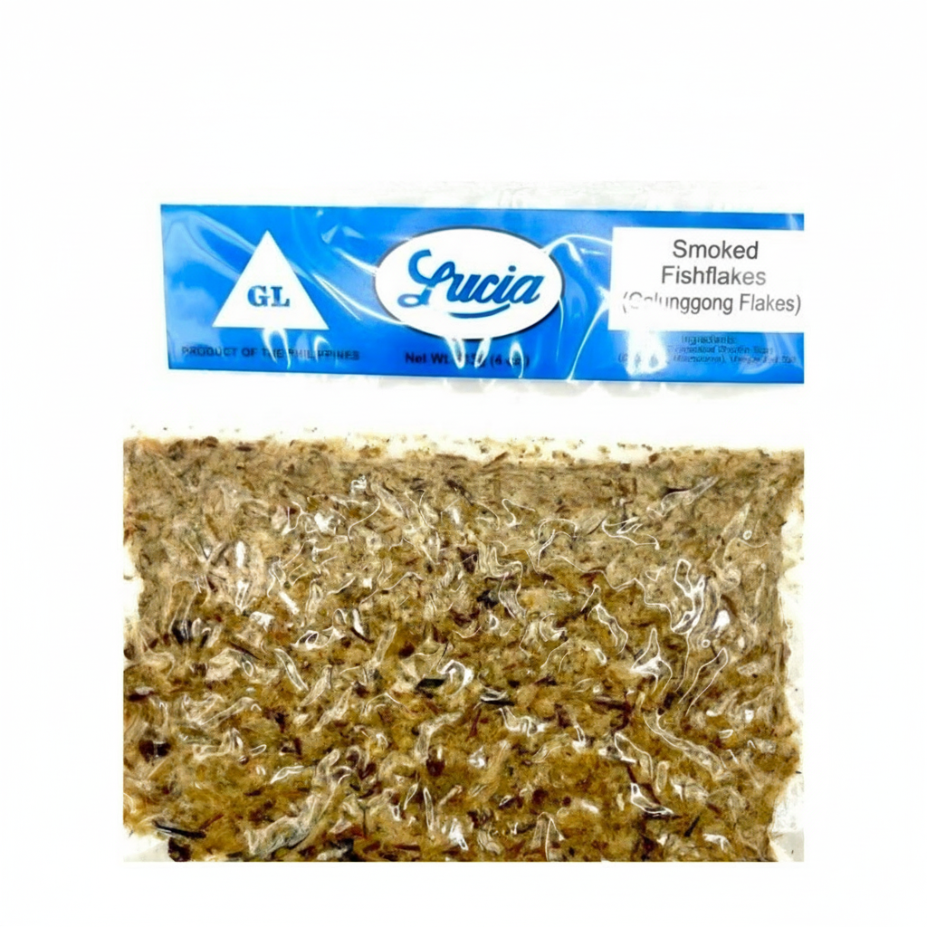 Packaged smoked fish flakes with Lucia brand label on a white background