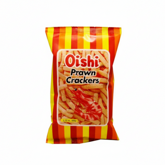 Packaged Oishi Prawn Crackers with red and yellow striped design on a white background