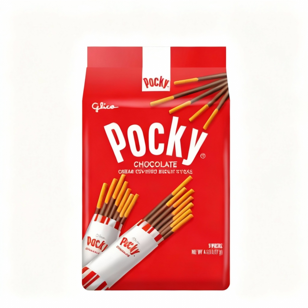 Red package of Pocky chocolate cream covered biscuit sticks with Glico branding.