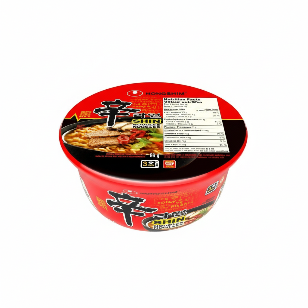 Red cup of noodles with visible branding on a white background