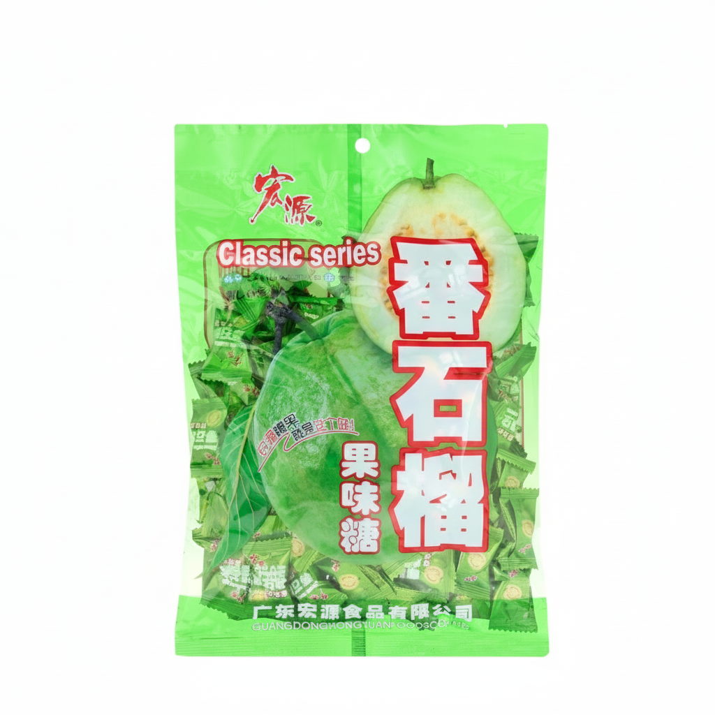 Green packaging of a fruit candy with red text on a white background