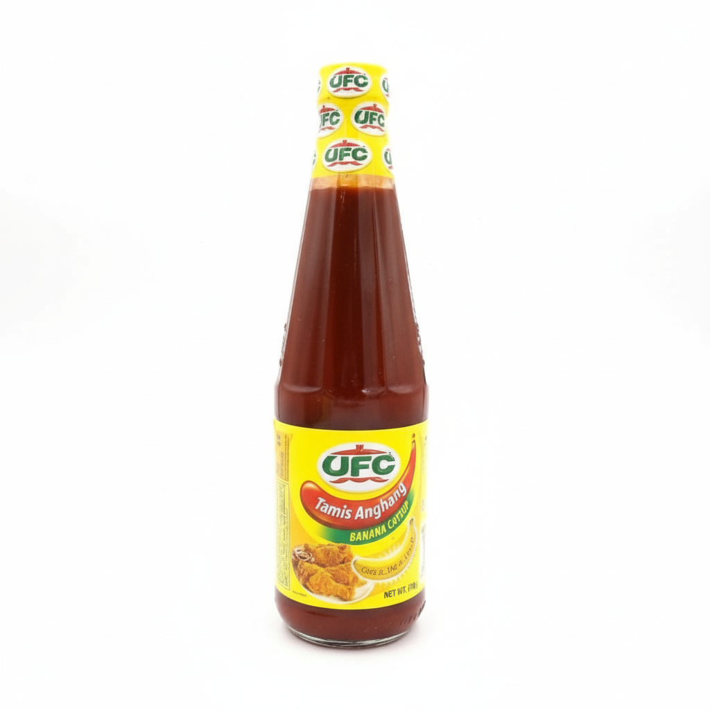 Bottle of UFC banana chili sauce on a white background