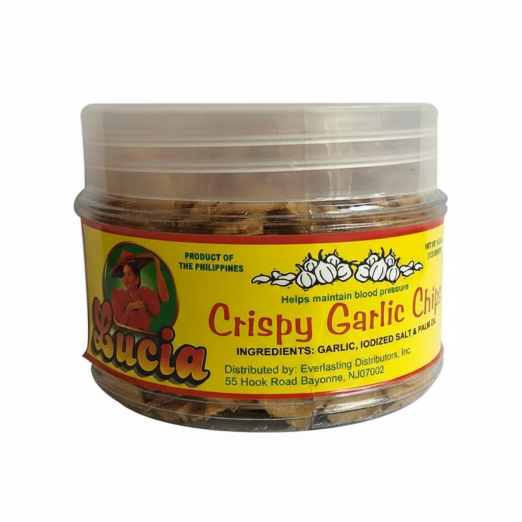 Jar of Lucia Crispy Garlic Chips with yellow label on a white background