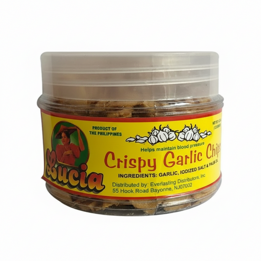 Jar of Lucia Crispy Garlic Chips with yellow label on a white background