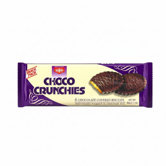 Packaging of Choco Crunchies chocolate-covered biscuits with a purple and white design.