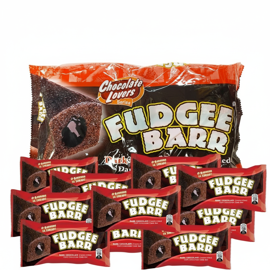 Packaging of Fudgee Barr chocolate bars with a visible brand logo on a white background.