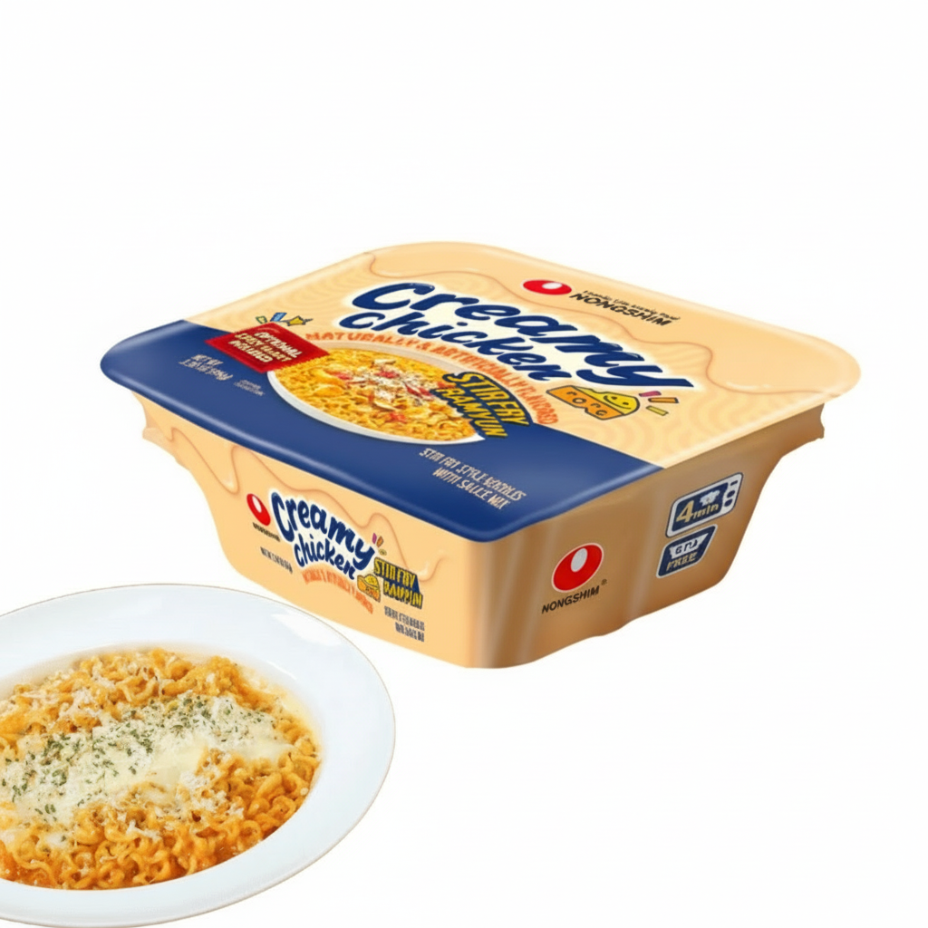 Container of Creamy Chicken Macaroni and Cheese with a bowl of the product on a white background, featuring the Mayfair Filipino Store logo.