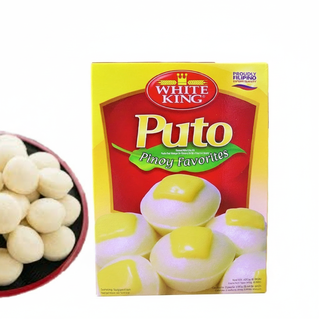 Box of White King Puto with a bowl of white pastries on a white background