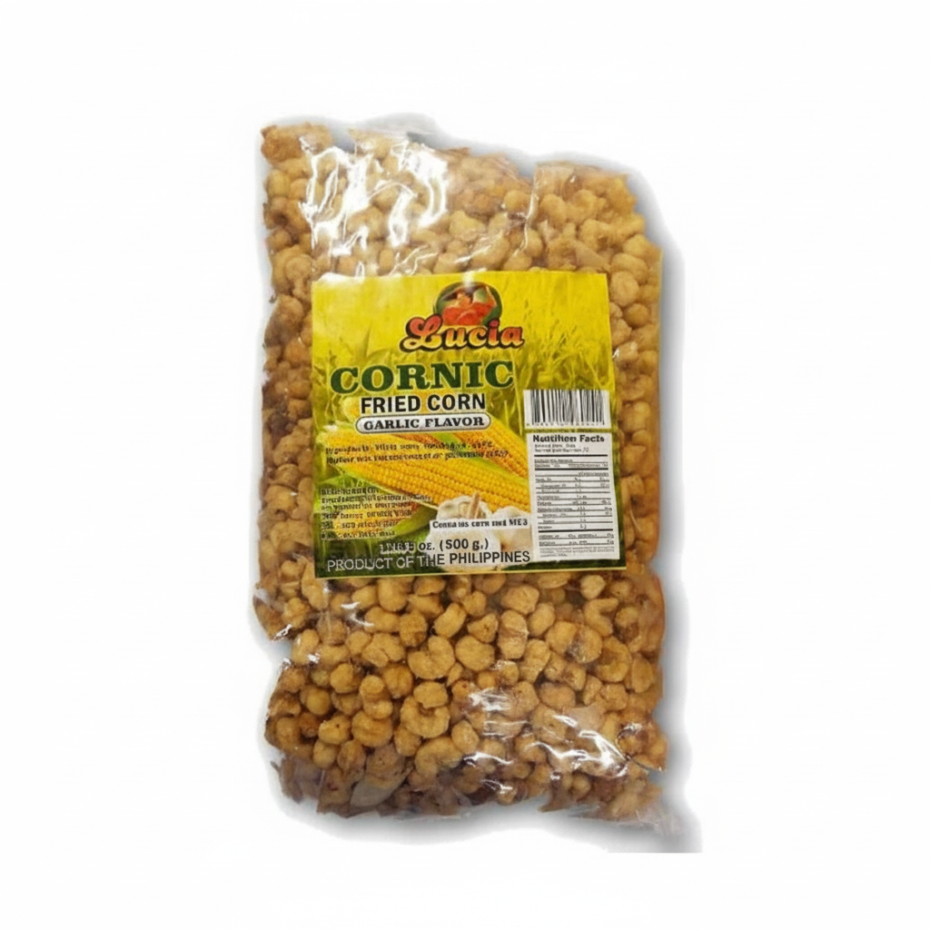 Packaged corn snacks with Lucia brand label on a white background