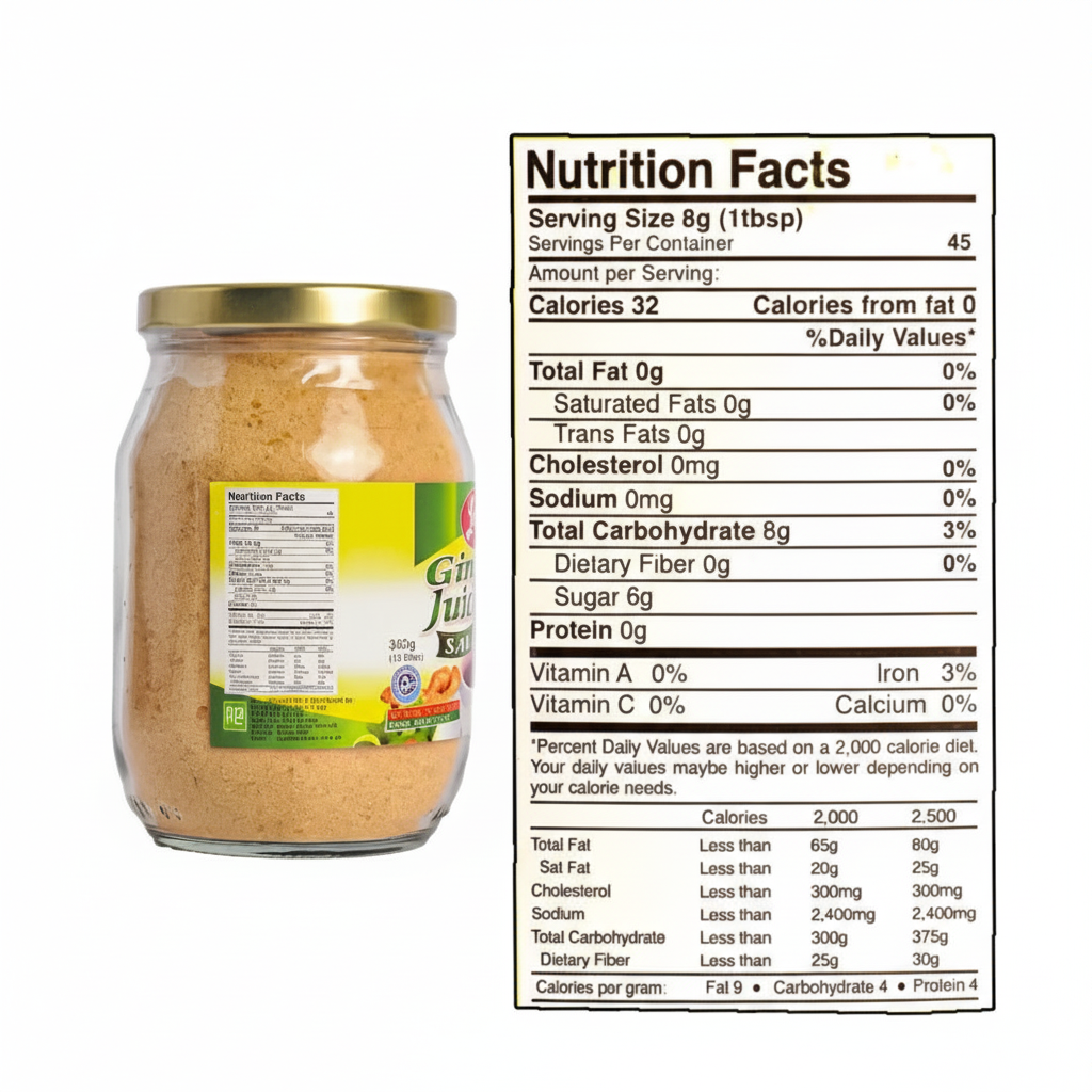 Jar of ginger juice with nutrition facts label on a white background