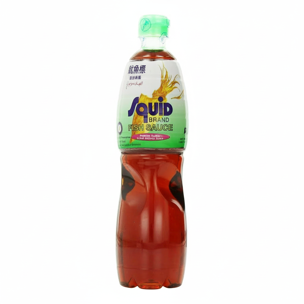 Bottle of Squid Brand Fish Sauce on a white background with a store logo at the bottom.
