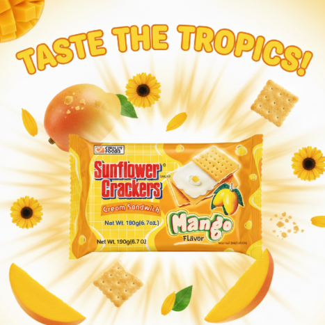 Packaging of Mango-flavored Sunflower Crackers with Kabayan logo.